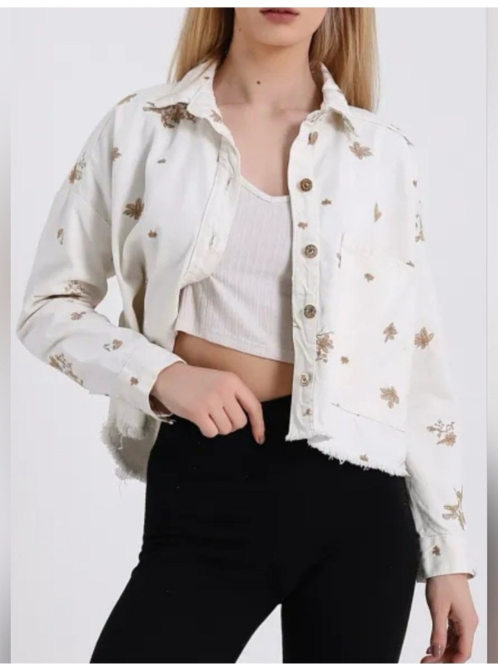 Zara Cream Cropped Floral Button-Front Jean Jacket